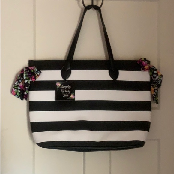 Handbags - Black and White stripped tote with scarves.